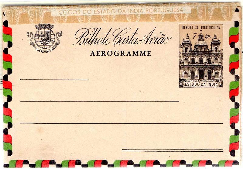 0471 v.jpg -     Lote:    471 (verso)                   Descrição:         1948 &mdash; Bilhete Carta * Avião. Igreja de Calengute / Bradez. OM4. Lote composto por inteiro circulado de Mapuça (01.10.58) para os EUA com selo adicional de 2/ CE437 + inteiro igual em estado de novo.        IC       Valor Base:     &euro; 15,00     Valor Venda:     &euro;      